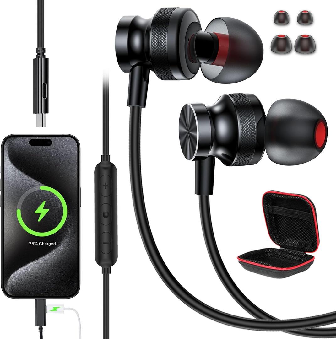 APETOO USB C Headphones with Charging for iPhone 16 15 Plus Pro Max,Samsung S24 S23 S22 A53,Magnetic USB-C Wired Earbuds Noise Canceling in-Ear Earphones with Mic Volume Control for iPad,Pixel,Oneplus