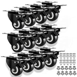 1.5" Casters Set of 12 Heavy-Duty Industrial Caster Wheels PU No Noise Wheels with Double Locking and Double Ball Bearing, Swivel Casters for Workbench, Furniture, Plate Castors Black
