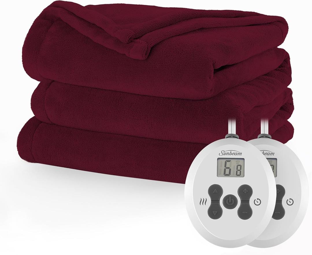 Sunbeam Electric Royal Luxe Microplush Heated Blanket 12 Heat Settings, 12-Hour Selectable Auto Shut-Off, Fast Heating, Warm and Cozy, Cabernet Red Color, Queen, 90" x 84"