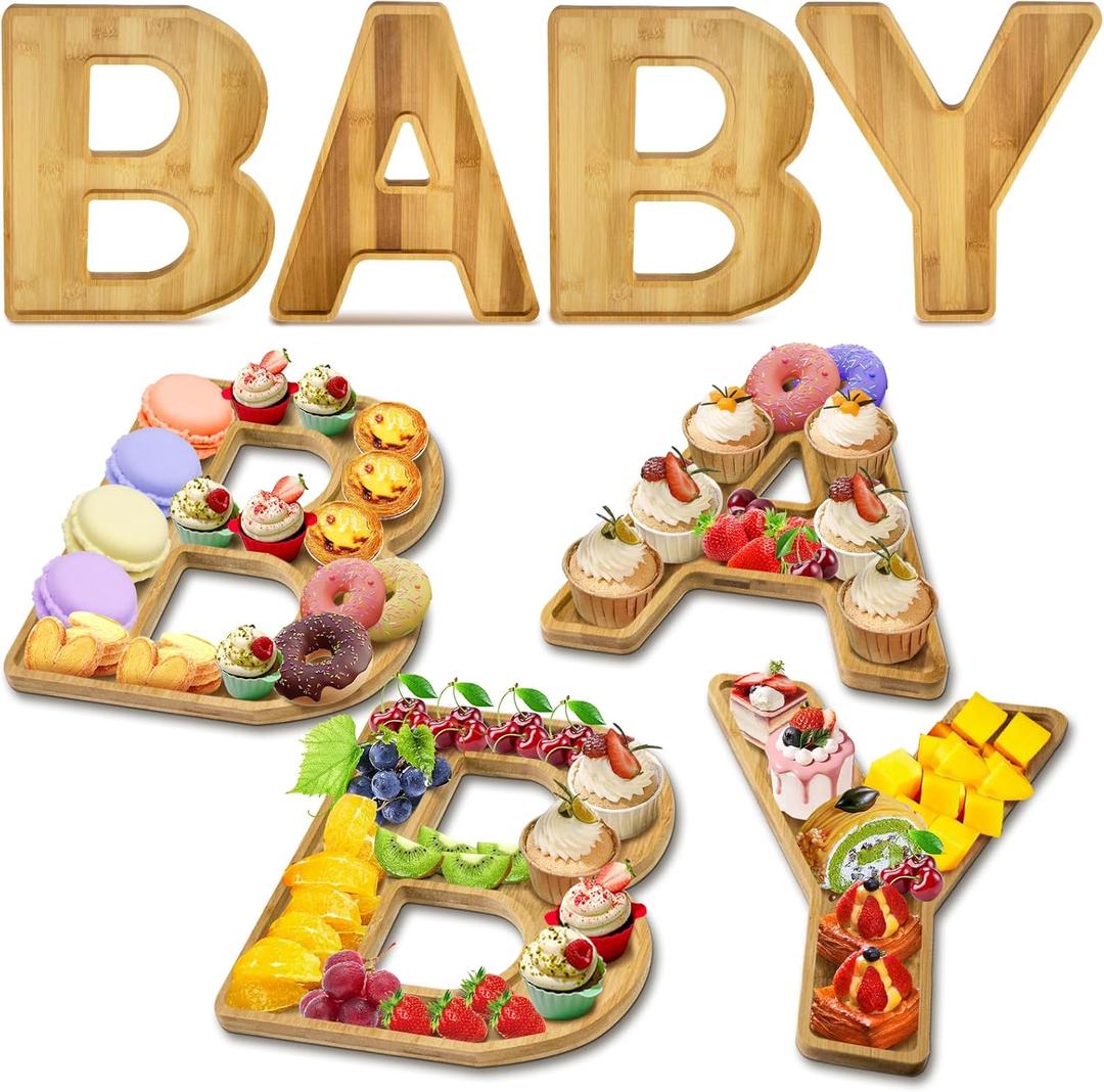 Larger Baby Shower Food Trays, 4 Pcs 12" Wooden Charcuterie Board Baby Letter Serving Tray for Fruit Salad Cheese Platter Vegetable Food Dish Plates (Baby - 12 INCHES)