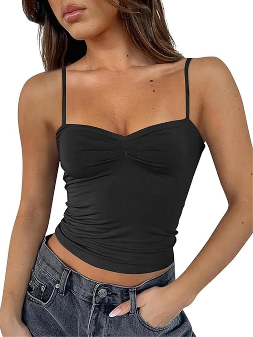 ForeFair Women Y2K Sweetheart Neck Sleeveless Crop Tank Tops Backless Spaghetti Strap Pleated Bustier Camis Going Out Top (Small, Black)