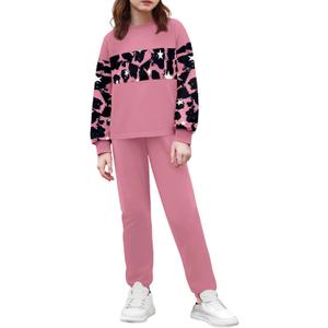 Girls Clothes Leopard Patchwork Sweatshirt Elastic Waist Sweatpants with Pockets 2PCs Girls' Clothing Sets (9-10 Years)