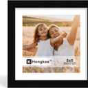 Hongkee 5x5 Picture Frame, Made of Solid Wood with Real Glass, Display Pictures 4x4 with Mat or 5 x 5 without Mat - Wall and Tabletop (Black, 1 Pack)
