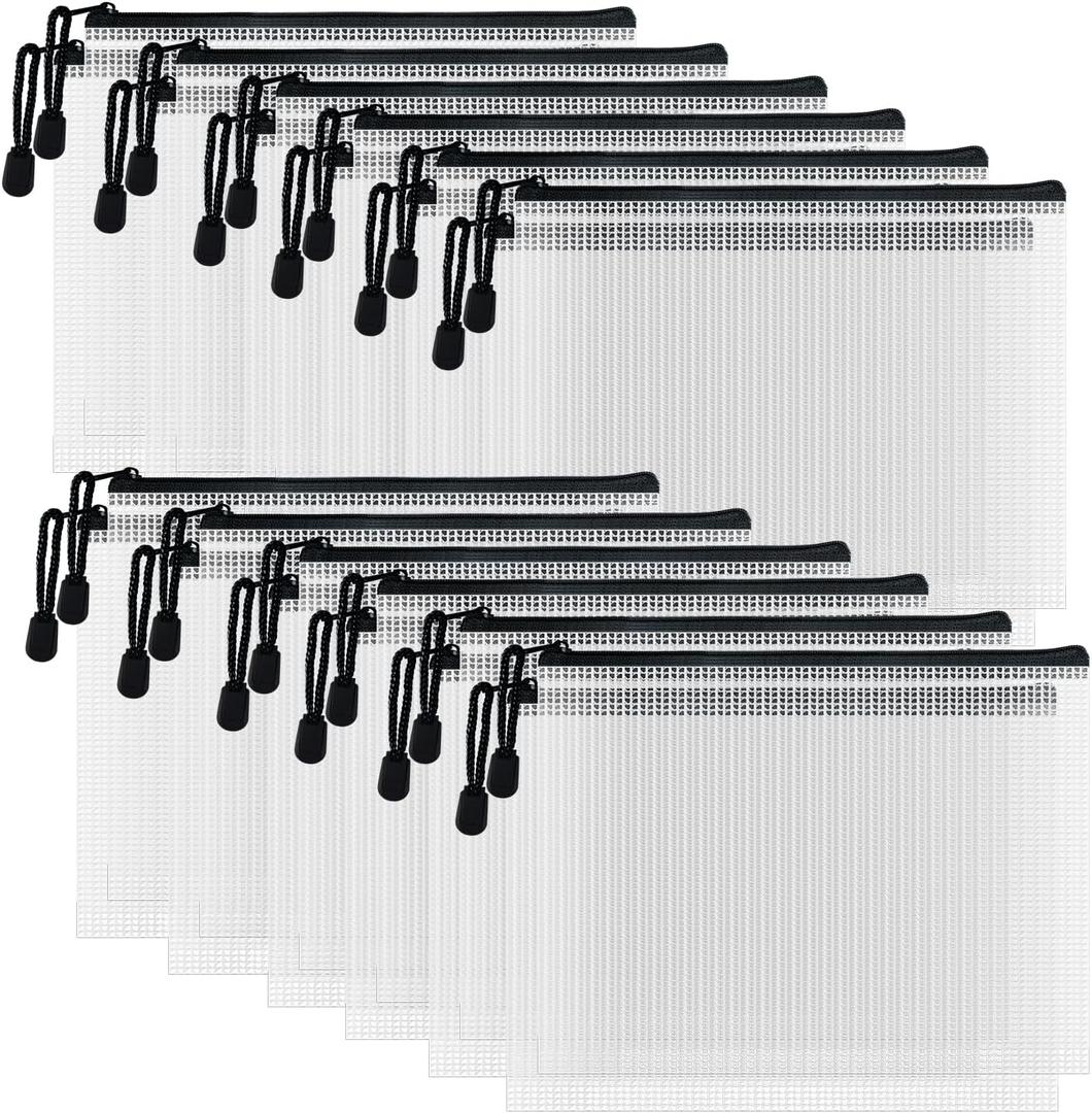 D-KINGCHY 24Pcs Zipper Storage Bags, Plastic Mesh Zippered Pouch for Organization, Waterproof Versatile Bags for Office Supplies School Travel (A6 Size 6.3''x4.7'', Black Zipper)