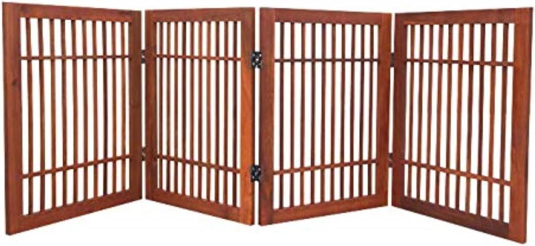 Urnporium Freestanding Wooden Dog Gate Foldable Indoor Pet Gate No Drill Expandable Barrier for Doorways Stairs Hallways Portable Wood Fence for Small Dogs & Puppies (Brown Pet Gate, 4 Panel 24" Tall)
