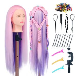 Mannequin Head with Hair, 29'' Doll Head for Hair Styling Training Head Manikin Practice Cosmetology Doll Head Styling Hairdressing Training Braiding Heads with Clamp Holder (Pink Purple)