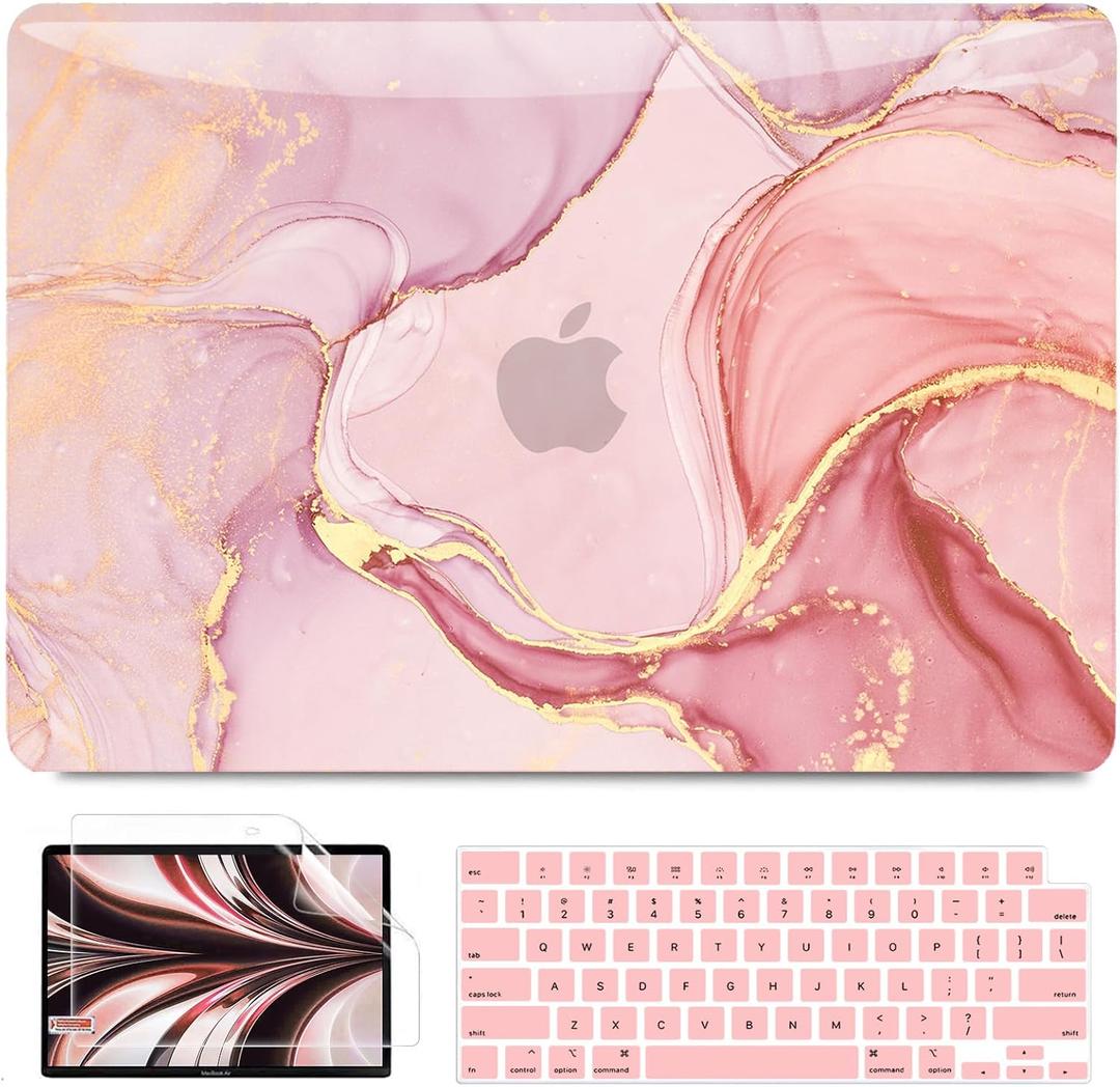 B BELK Compatible with MacBook Air 13 inch Case 2026 2025 2024 2023 2022 M4 M3 M2 A3240 A3113 A2681, Plastic Hard Shell Case for MacBook Air 13.6 inch + Keyboard Cover + Screen Protector, Pink Marble