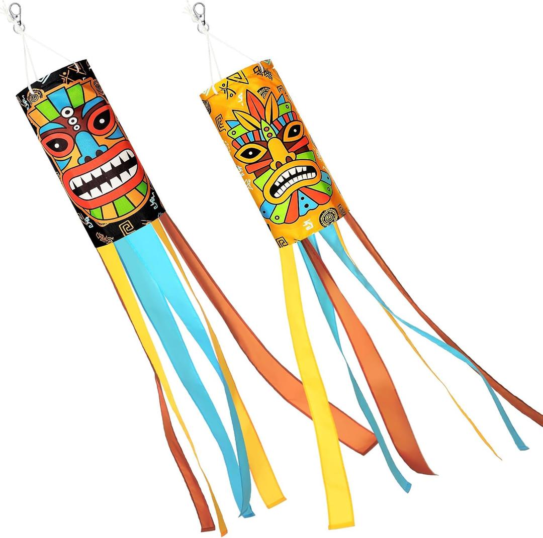 2 Pcs Tiki Hawaiian Windsocks 40 Inch Tiki Luau Tropical Windsock Tiki Totem Outdoor Hanging Decoration Windsock for Birthday Outdoor Party Summer Jungle Party Decoration Hawaii Bar Supplies