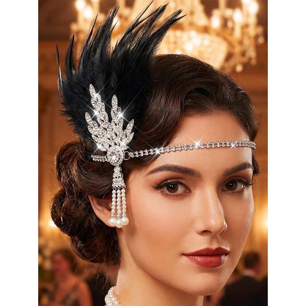Aukmla 1920s Flapper Feather Headband Leaf Rhinestones Headpiece Pearl Roaring 20s Headdress Hair Accessories for Women (Black Silver, One Size)