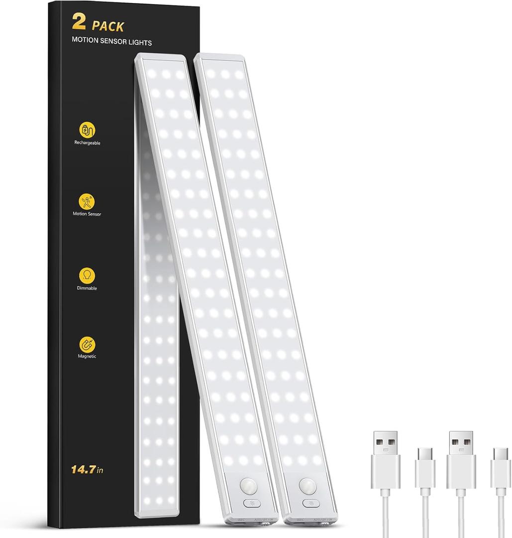 Under Cabinet Lighting - 14.7" Motion Sensor Light Indoor, Magnetic Wireless Closet Lights, Dimmable Led Night Light, Rechargeable Under Counter Lights for Kitchen, Bedroom, Stair, 2 Pack