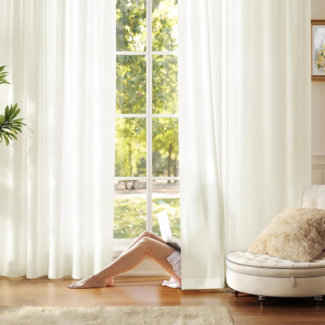 Anmao Non-See-Through Cream Privacy Semi Sheer Curtains for Living Room 54 Inch Length 2 Panels Set, Light Filtering That Let Light in Rod Pocket Window Drapes for Bedroom, 52W x 54L, Beige Yellow