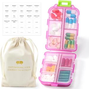 1 Pack Travel Pill Organizer w Labels & 1 Drawstring Pouch, Small 10 Compartments Pocket Pharmacy, Handy Pill Holder Box - Portable Medicine Container Case - Daily Weekly Medication Organizer - Pink