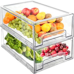 Mano 2Pack Clear Fridge Drawers Pull Out Stackable Refrigerator Drawer Organizer Bins Pantry Storage Box Plastic Food Containers for Kitchen Bathroom Office Closet (2pack-Large)