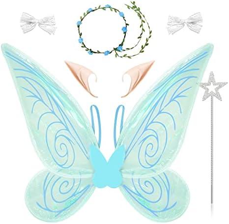 DTESL 7PCS Fairy Wings Dress Up, Sparkling Sheer Butterfly Halloween Costume Angel Wings for Kids Girls Women