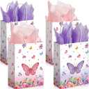 16 Pack Butterfly Goodie Bags with Handles - Sydney Paper Pink Purple Birthday Present Bags for Kids Baby Shower Party Decorations