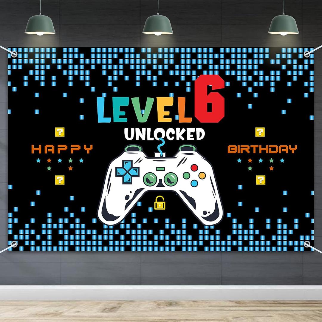 HAMIGAR 6x4ft Happy 6th Birthday Baner Backdrop - Level 6 Unlocked Birthday Decorations Party Supplies for Boys - Blue