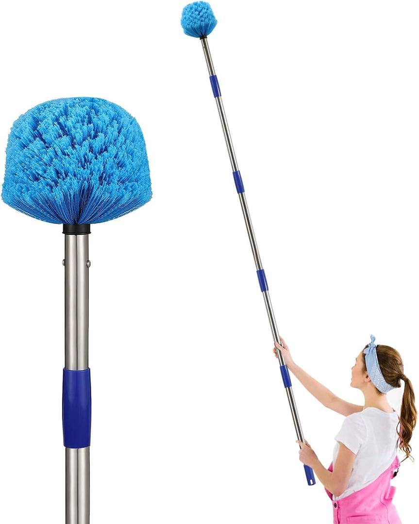 Cobweb Duster with Extension Pole, 6FT Adjustable Stainless Steel Handle & 360° Flexible Duster Head, Lightweight Washable Web Brush for High Ceiling  Indoor Outdoor Use