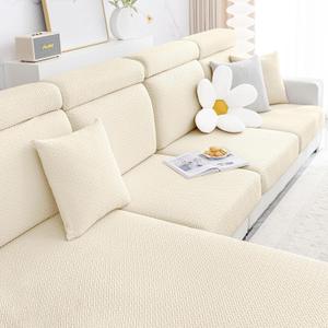 Smiry Waterproof Couch Cushion Covers, Stretch Jacquard Sectional Couch Covers, L Shape Chaise Lounge Sofa Slipcover, Washable Elastic Furniture Protector for Pets, Kid (XL-Chaise Cover, Beige)