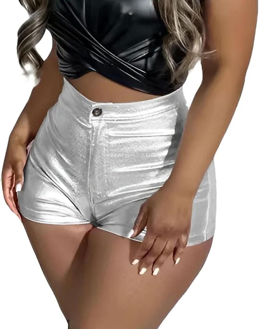 KANSOON Women's Metallic Faux Leather Shorts High Waist Shiny Sexy Rave Short Hot Pants (Large)