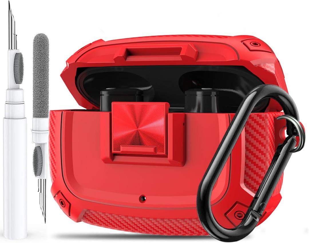 For Beats Studio Buds/Bud + Case Cover with Lock Clip 2021/2023, Rugged Shockproof Protective Hard Skin with Carabiner&Cleaner Pen Men Women for Beat Studio Buds/Bud Plus Earbuds - Red