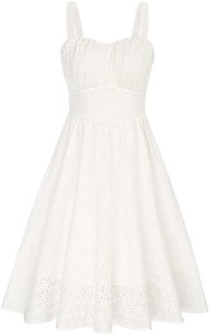 Belle Poque Women's Vintage Sleeveless Solid Ruched Summer Cotton Embroidery Cute A-Line Flowy Swing Midi Dress, Size S