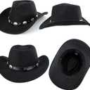 Eohak Womens Western Cowboy Hats Studded Pinched Western Cowgirl Hats Wide Brim Fedoras Hat with Belt Buckle (Size:Medium) (Black)