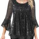 Bebonnie Women's Ruffle 3/4 Sleeve Elegant Dressy Blouses Crew Neck Double Layers Mesh Tunic Tops (Large)
