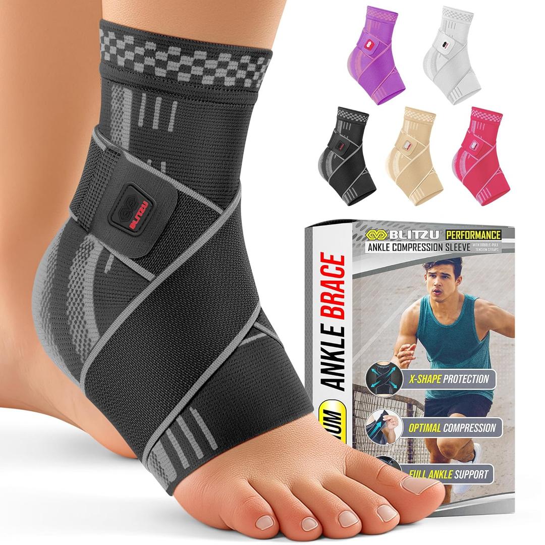 BLITZU Ankle Brace for Women, Men, Plantar Fasciitis Relief, Achilles Tendonitis Brace for Sprained Foot, Ankle Compression Sleeve with Strap, Black, Small