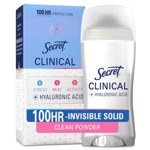 Secret Clinical Strength Antiperspirant Deodorant for Women, 100hr Sweat & Odor Protection, 3X Stress Protection with Hyaluronic Acid, PH Balanced, Invisible Solid, Powder Protection Scent, 2.6 oz