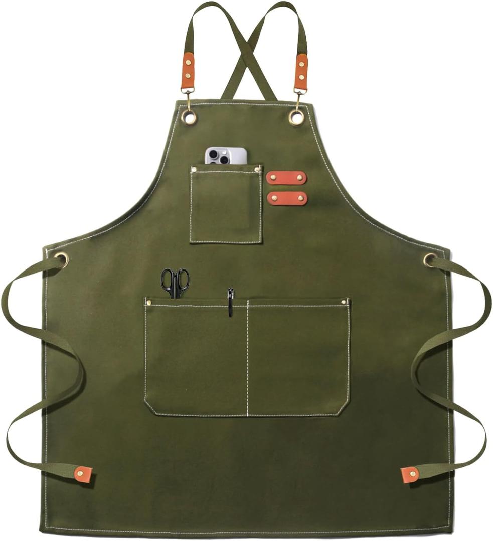 Chef Apron for Men Women Canvas Aprons with 3 Pockets Cross Back Resistant Work Apron for Cooking (Green)