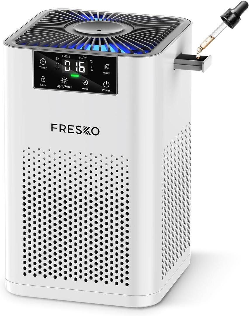 FRESKO Small Air Purifier for Bedroom, H13 True HEPA Filter Quiet Air Cleaner with Night Light, Aromatherapy, Sleep Mode, Real-Time PM2.5 Display & 360 Airflow, for Odors, Smoke in Home & Office