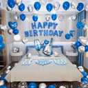 Blue Happy Birthday Decorations for Men Blue and Silver Biirthday Balloon Letters Banner with Heart-Shaped Champagne Bottle Wine Glass Balloons Rose Petals for Room Birthday Party Decor