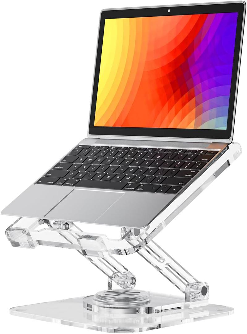 Laptop Stand for Desk - Adjustable, Foldable Clear Acrylic Riser with 360 Rotating Base, Ergonomic Laptop Holder for MacBook Pro/Air & 10-16 Notebooks (Acrylic - Transparent color)