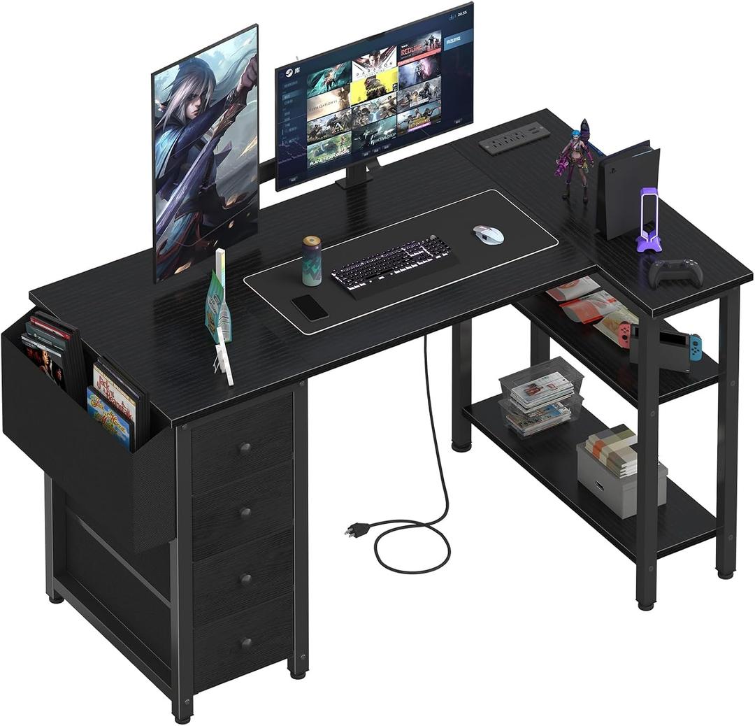 Lufeiya L Shaped Gaming Desk with Power Outlet, 47 Inch Reversible Corner Computer Desk with Drawers & Storage Shelves for Home Office Bedroom, L-Shaped Teen PC Desks with Fabric Drawer, Black, 47.2"