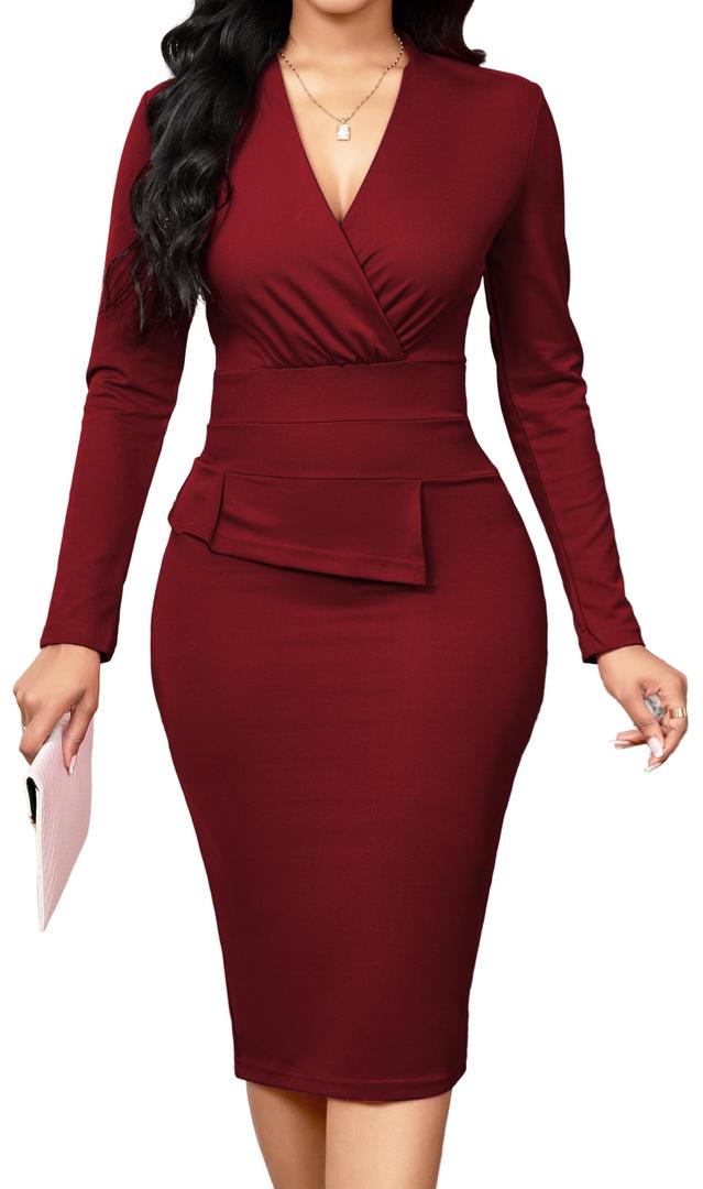 Women's Church Dresses Work Business Dress Bodycon Sleeve Sexy Neck Red Pencil Dresses