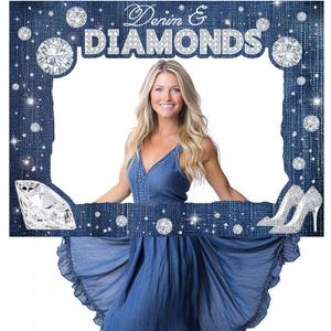 Denim and Diamond Party Decoration Photo Booth, Denim and Diamond Photo Booth Prop Frame Navy Blue Silver Crystal Shoes Modern Luxury Sparkle Shining Decor for Women Bachelorette Birthday Party