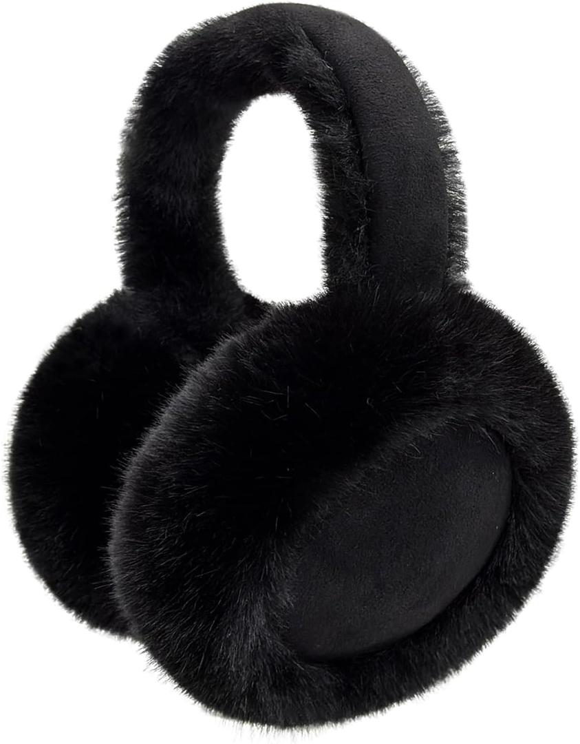 Ear Muffs for Winter Women Foldable Fuzzy Cold Outdoor Earmuffs Soft Faux Furry Ear Warmers Covers (Black)