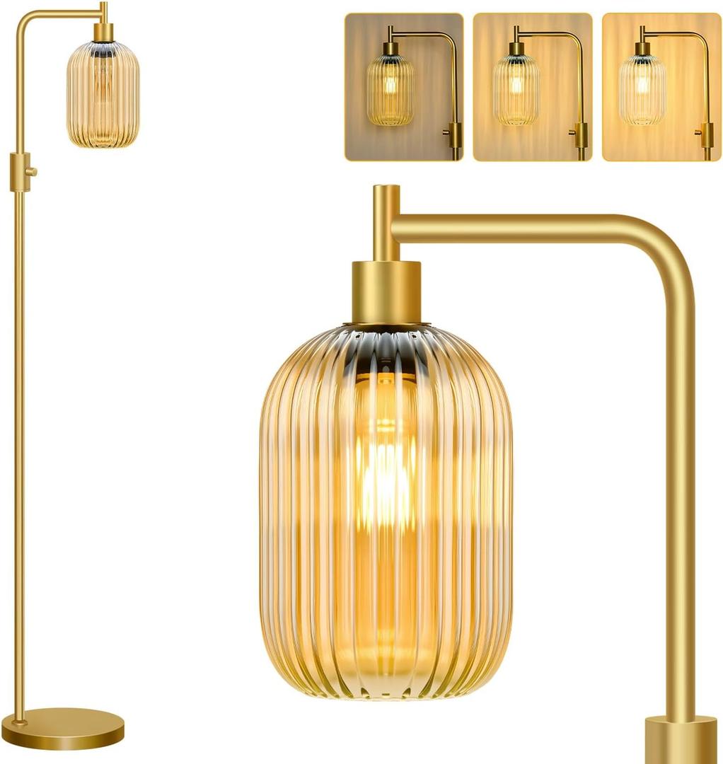 Upgraded Dimmable Glass Floor Lamp for Living Room, Modern Gold Standing Lamp with Amber Ribbed Glass Lampshade & Knob Dimmer, Arc Tall Lamp for Bedroom Office Reading Room, 2700K Led Bulb Included