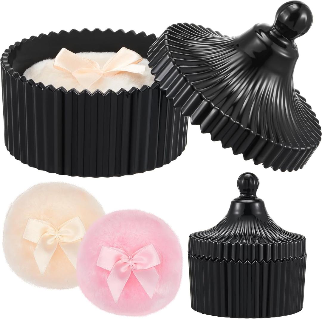 Tioncy 3 Pcs Large Body Powder Puff and Container Valentine's Day gift Powder Container with Puff Crystal Case Soft Washable Reusable Velour Face Body Glitter Wet Dry Makeup (Classic,Black)
