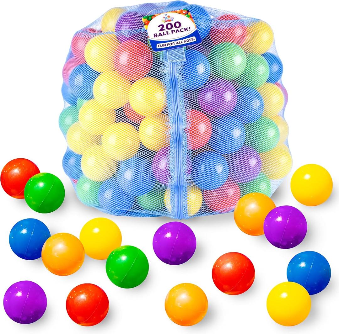 Sunny Days Entertainment 200 Premium Crush-Resistant Play Balls for Ball Pits Non-Toxic, BPA & Phthalate Free Vibrant Assorted Colors with Zippered Storage Bag (2.5" Diameter)