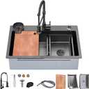 32 x 19 inch Kitchen Sink, Single Bowl Stainless Steel Sink Multifunctional Drop In Sink with Pull-Down Faucet and Multiple Accessories (black grey, 32 * 19 inch)
