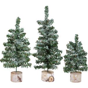 Winlyn Set of 3 Mini Snowy Artificial Canadian Pine Trees with Wood Bases Small Tabletop Christmas Trees for Rustic Farmhouse Christmas Winter Holiday Seasonal Table Centerpiece Desk Decoration