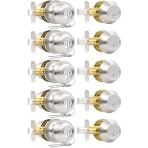 5 Pack Front Door Lock Set, Keyed Alike Exterior Door Lock Set with Deadbolt, Single Cylinder Deadbolt Lock and Entry Door Knob Set,Round Ball Brushed Nickel Door Knobs with Lock and Keys