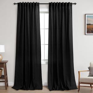 KOUFALL Black Back Tab Rod Pocket Linen Sheer Curtains for Living Room 52x90 Inches Long