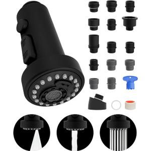 Hibbent Pull Down Kitchen Faucet Head Replacement, 3 Function Sink Faucet Sprayer Head Nozzle with 15 Adapters, Compatible with Moen, American Standard, Delta, Kohler Faucets, Matte Black