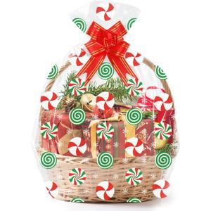 2 x 15 Sets Large Christmas Cellophane Bags(20x28 Inch) with Pull Bows Gingerbread Candy Xmas Gift Goodie Basket Stocking Stuffers Wrap Holiday Christmas Birthday Party Decorations Favors Supplies Baggies