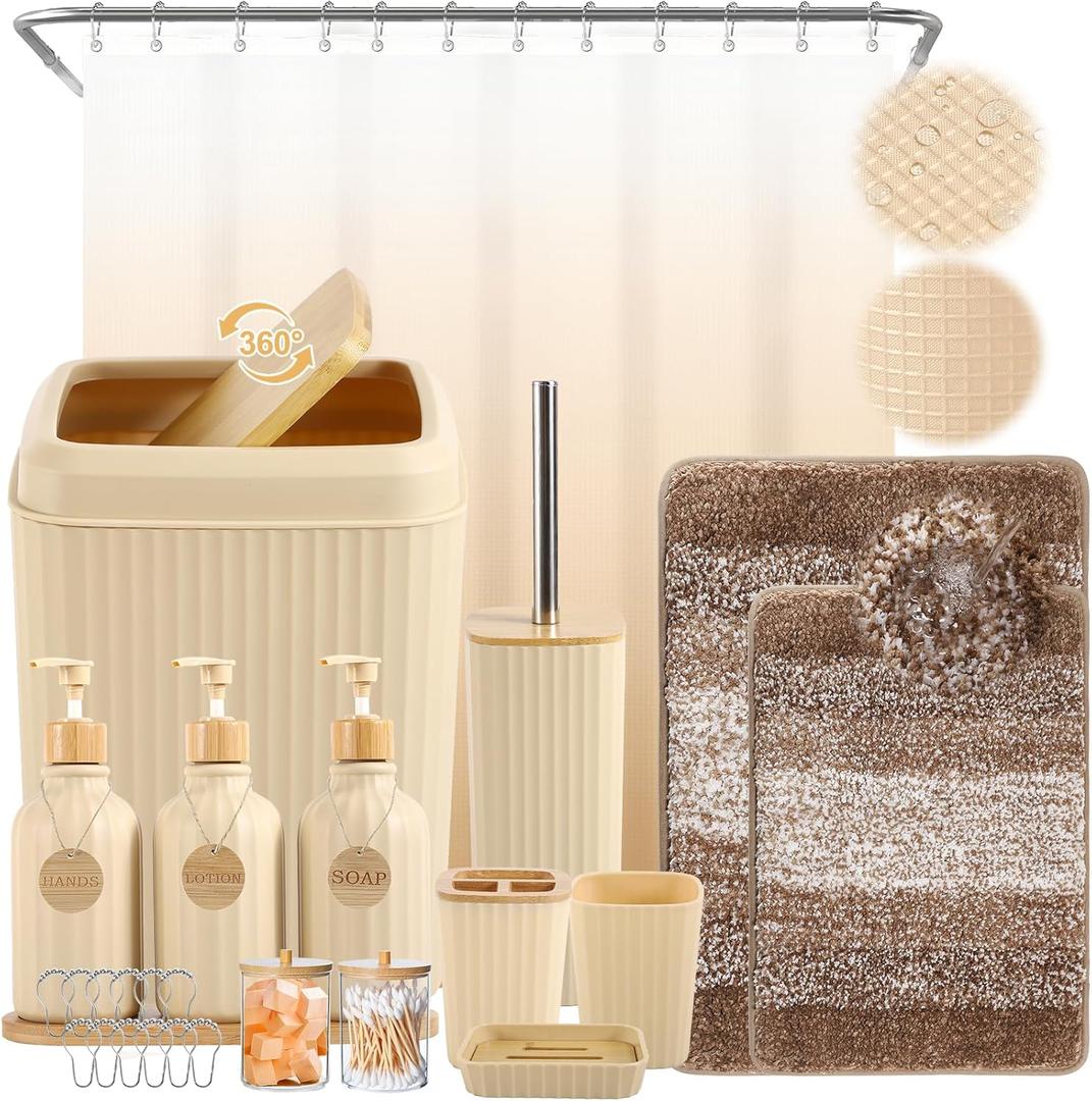 32PCS Bathroom Sets with Shower Curtain and Rugs Beige Bathroom Accessories Set Shower Curtain Set 3PCS Lotion Soap Dispenser Bathroom Accessories with Black Bathroom Decor