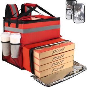 Food Delivery Backpack, Large Insulated Backpack for Doordash/Uber Eeats, Expandable Cooler Bags for Bike/Motorcycle with Reflective Strip/Cup Holders,Reusable Pizza Food Delivery Bag with Hand Straps (Red)