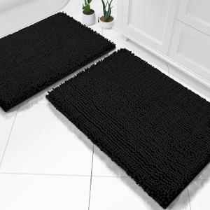 Yimobra Bathroom Rug Set 2-Piece, Soft Absorbent Quick-Dry Chenille Bath Mats, Machine-Washable, Bathroom Mats for Floor, Tub & Shower, Bath Rugs for Bathroom  32x20 + 24x17, Black