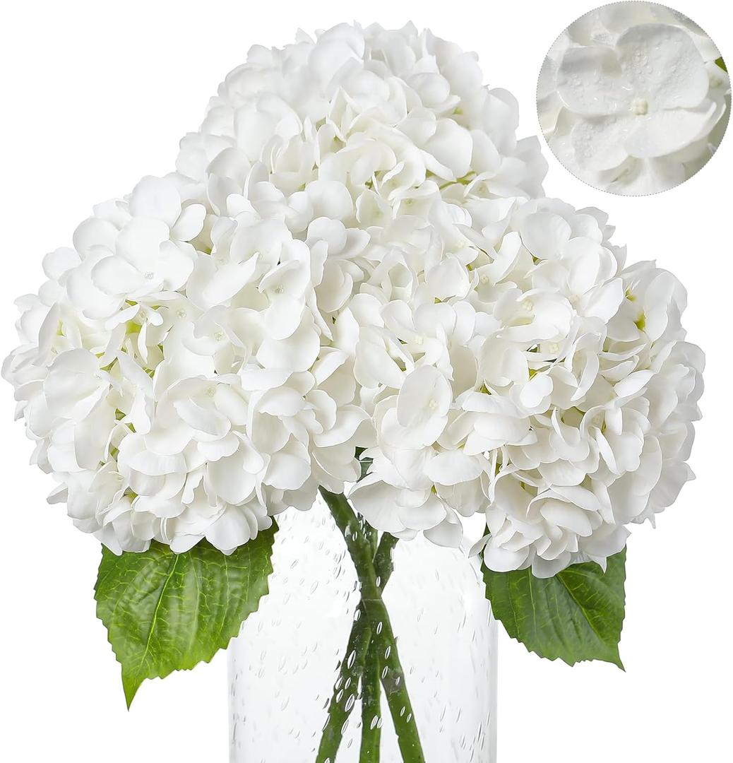 Veryhome White Hydrangea Artificial Flowers - 3Pcs 22.44In Large Faux Hydrangea Flowers, Latex Real Touch Flowers Fake Hydrangeas for Home Decor Wedding Party Centerpieces Floral Arrangements